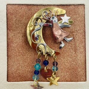 Luna Angel Decorative Metal Beaded Pin Girl on Moon Hand Crafted for Chico's NEW